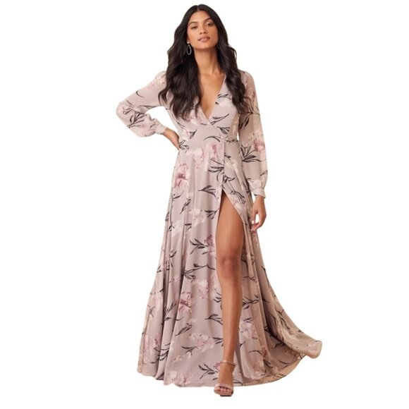 Lulus Loving You Dusty Purple Floral Maxi Wrap Dress Balloon Sheer Sleeve Size S - Picture 5 of 10